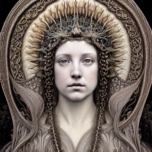 Prompt: detailed realistic beautiful young medieval queen face portrait by jean delville, gustave dore, iris van herpen and marco mazzoni, art forms of nature by ernst haeckel, art nouveau, symbolist, visionary, gothic, pre - raphaelite, fractal lace, surreality, horizontal symmetry, intricate hyper detailed ultra sharp octane render