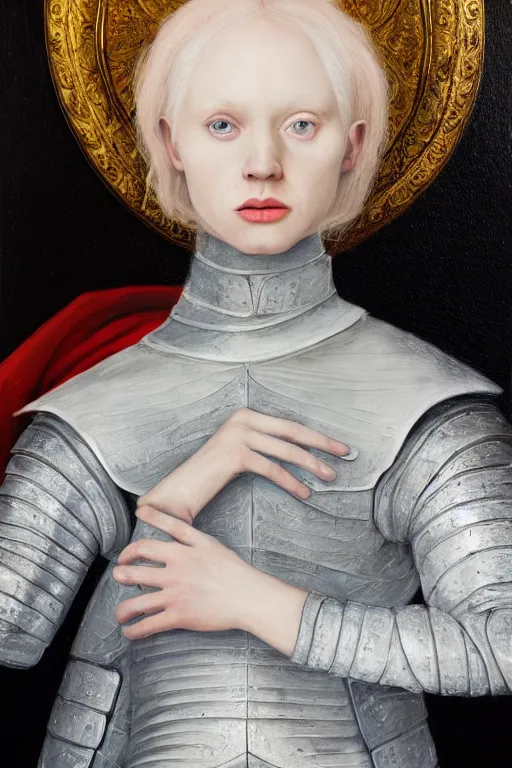 Image similar to hyperrealism oil painting, close - up portrait of albino medieval fashion model, knight, steel gradient mixed with nebula sky, in style of baroque