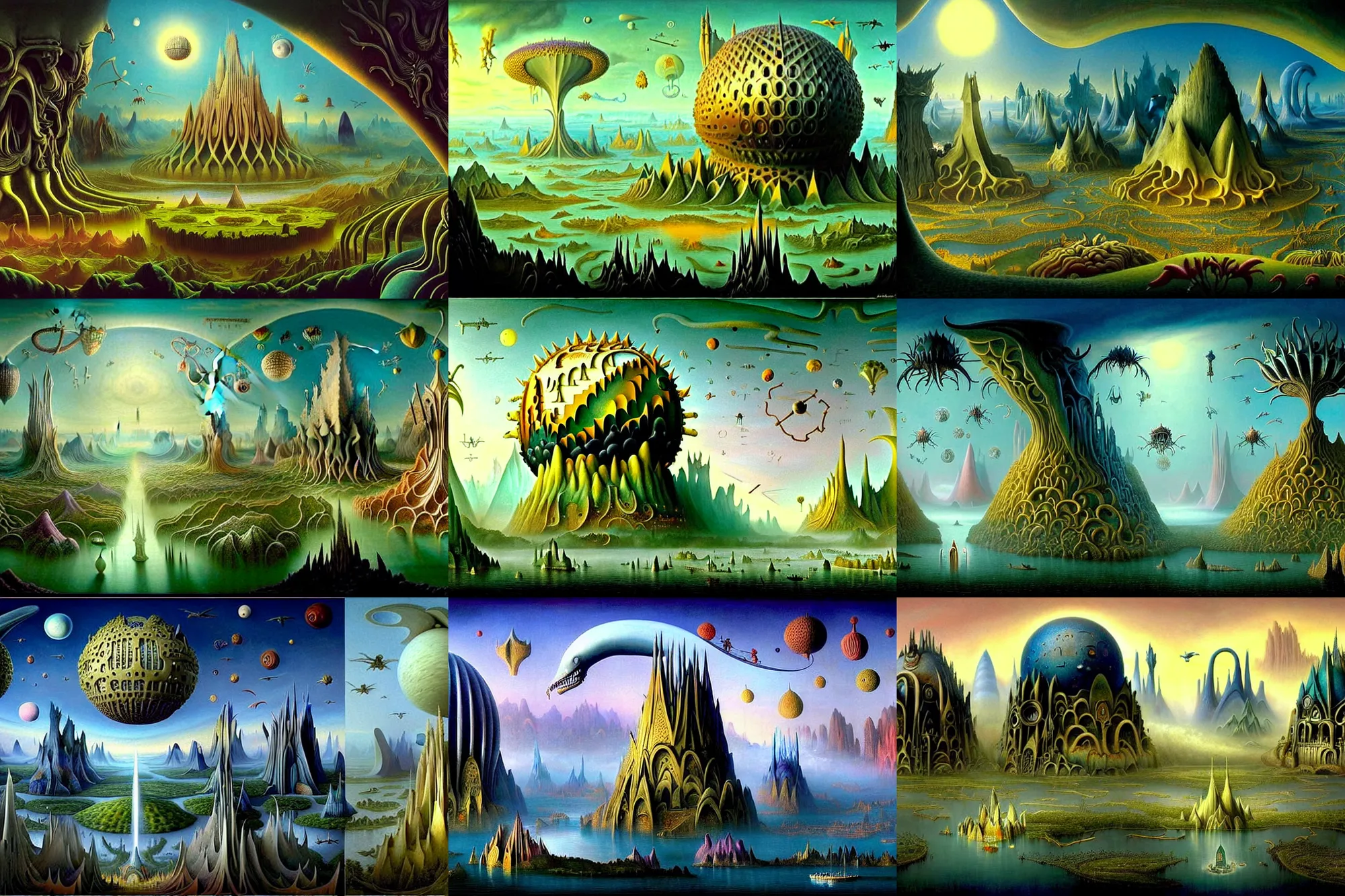 Prompt: a beautiful epic stunning amazing and insanely detailed matte painting of alien dream worlds with surreal architecture designed by Heironymous Bosch, mega structures inspired by Heironymous Bosch's Garden of Earthly Delights, vast surreal landscape and horizon by Asher Durand and Gerald Brom, rich pastel color palette, masterpiece!!, grand!, imaginative!!!, whimsical!!, epic scale, intricate details, sense of awe, elite, fantasy realism, complex composition, 4k post processing