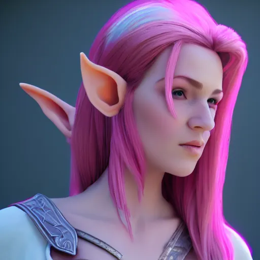 Image similar to attractive cleric half elf woman with pink hair, beautiful, 4 k, 8 k, unreal render, cinematic lighting
