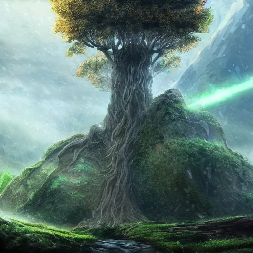 Prompt: world tree falls onto a lone dwarf, fantasy, epic, colossal, digital art, 8 k