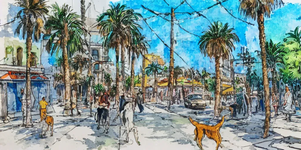 Prompt: streets of tel aviv. pen painting watercolors. colorful. highly detailed. palm trees. dogs.