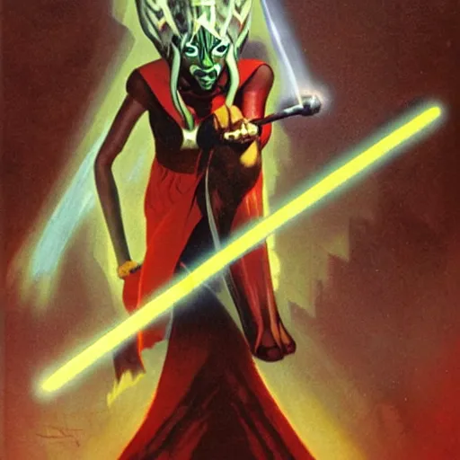 Prompt: Ahsoka with light by frank Frazetta