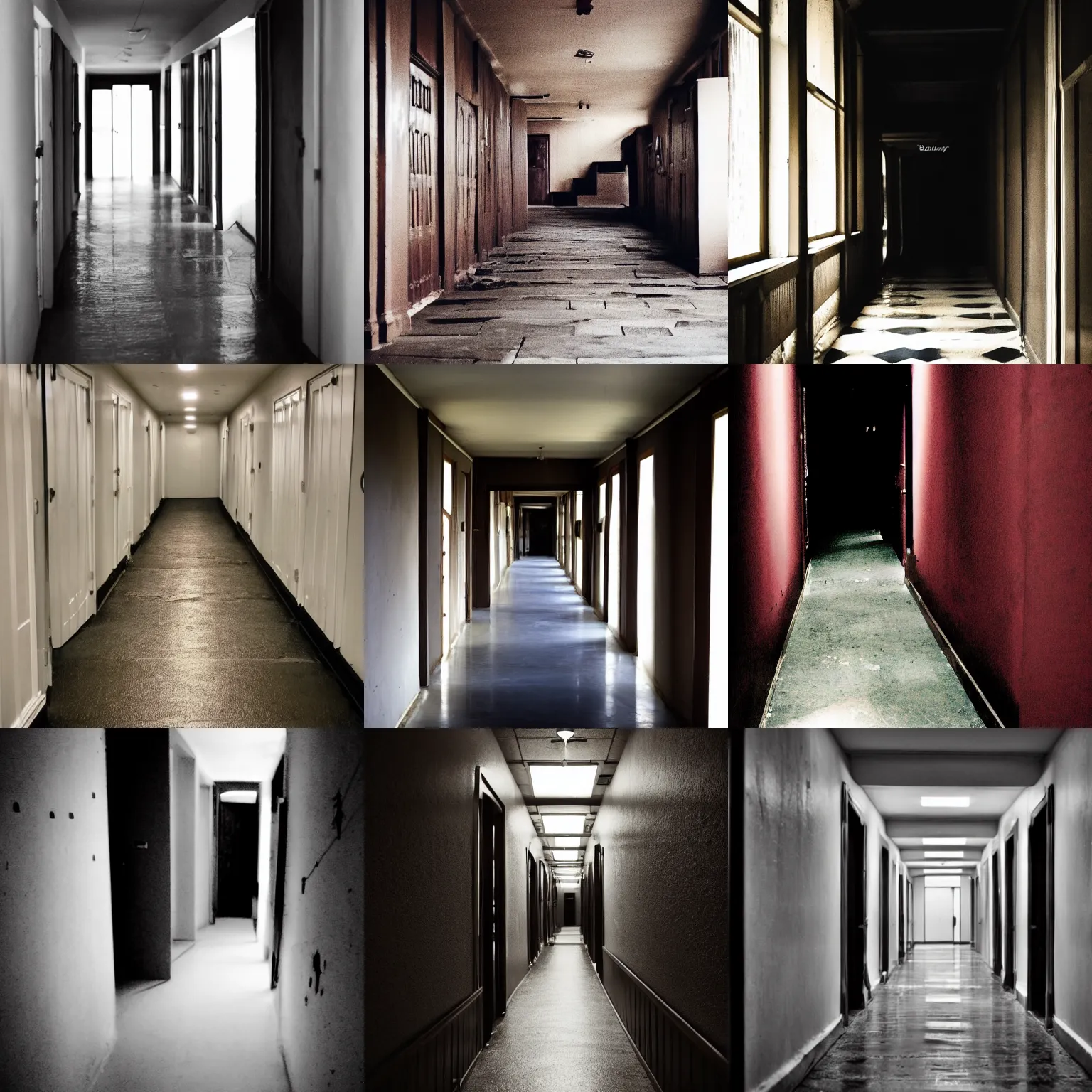Prompt: dark hallway, stained wall, sailes, dirty floor,