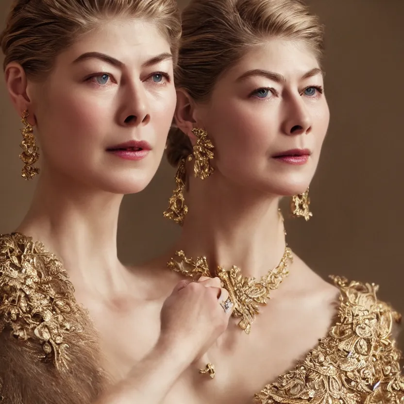 Prompt: gorgeously dreamlike beautiful face Rosamund Pike, hair updo, balayage, natural make-up, luxurious ornate golden jewelry, earrings, low cut dress, dynamic lighting, award winning photo shoot, intricately detailed, glimmering, shining, photo realistic, cinematic, volumetric lighting, fashion portrait, 8K UHD