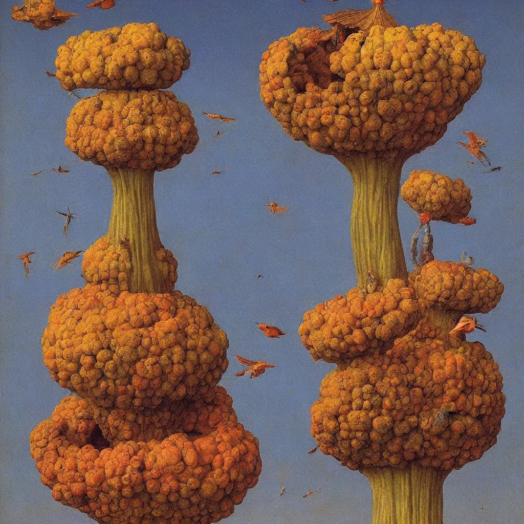 Image similar to a single! colorful! ( beksinski ) gourd fungus bird tower clear empty sky, a high contrast!! ultradetailed photorealistic painting by jan van eyck, audubon, rene magritte, agnes pelton, max ernst, walton ford, andreas achenbach, ernst haeckel, hard lighting, masterpiece