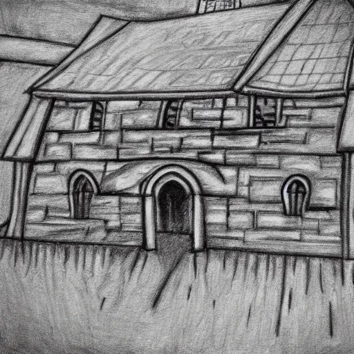 Prompt: lineart of a medieval building in a field, white charcoal, black canvas, closeup