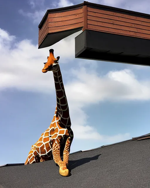 Prompt: rubber flat roofing installation services on garage roof halifax, fantasy, a giraffe standing on the roof, giraffe looks like a kangaroo, intricate, epic lighting, cinematic composition, hyper realistic, 8 k resolution, unreal engine 5, by artgerm, tooth wu, dan mumford, beeple, wlop, rossdraws, james jean, marc simonetti, artstation