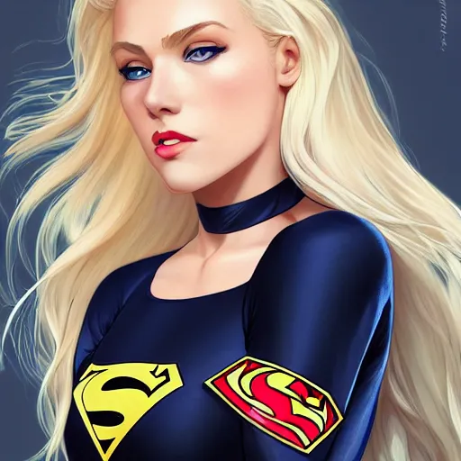 Image similar to a beautiful portrait of a beautiful cute superhero woman, blonde hair, matte navy - blue bodysuit, white cape, intricate, elegant, 8 k, highly detailed, ultradetailed, digital painting, concept art, smooth, sharp focus, illustration, disney, artgerm and loish and wlop and alphonse mucha