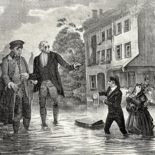 Prompt: Johann Wolfgang von Goethe visiting a flooded german town