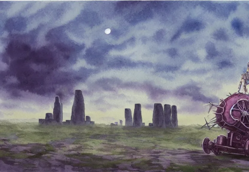 Image similar to a hyperrealist watercolor concept art from a studio ghibli film showing a giant grey mechanized prehistoric creature from howl's moving castle ( 2 0 0 4 ). stonehenge is under construction in the background, in the rainforest on a misty and starry night. by studio ghibli. very dull muted colors