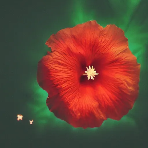 Image similar to a hibiscus flower with detailed orange pedals, floats in space, hubble photo, 2 8 mm lens, olympus xa camera, 3 5 mm film, beautiful, galaxies