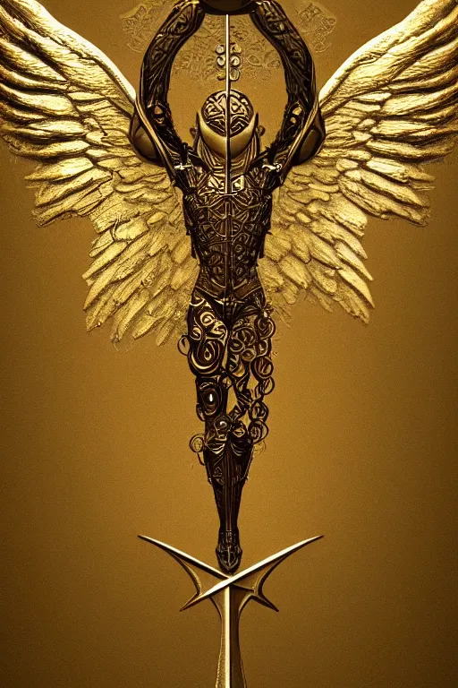 Image similar to Old alchemic symbol of archangel Gabriel. Symbol made out of metal. Cooper lining ,intricate, elegant, highly detailed, digital painting, artstation, concept art, smooth, sharp focus, illustration, art by Ilja Repin