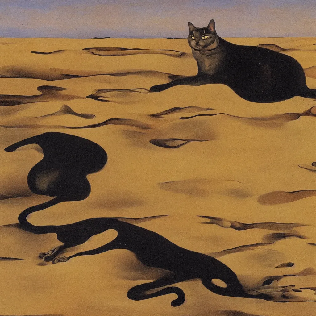 Prompt: an untradetailed oil painting of a melting cat lying on flowing desert, landscape with dunes and oasis far away, by salvador dali