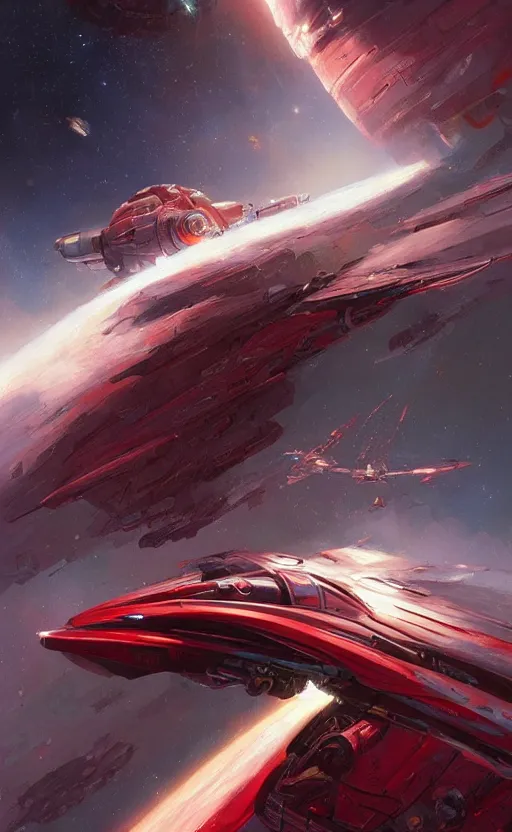 Image similar to a beautiful artwork illustration, a red metallic spaceship flying interstellar hyperdrive, by greg rutkowski and jesper ejsing and raymond swanland, featured on artstation, wide angle, vertical orientation