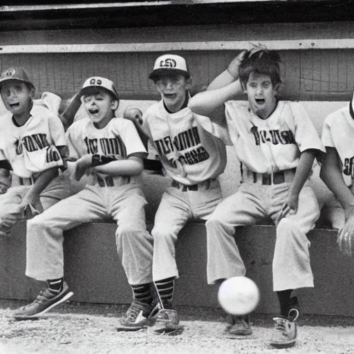 Image similar to 70mm photo of a youth baseball team trying to eat the bleachers, but the coaches are pulling them away