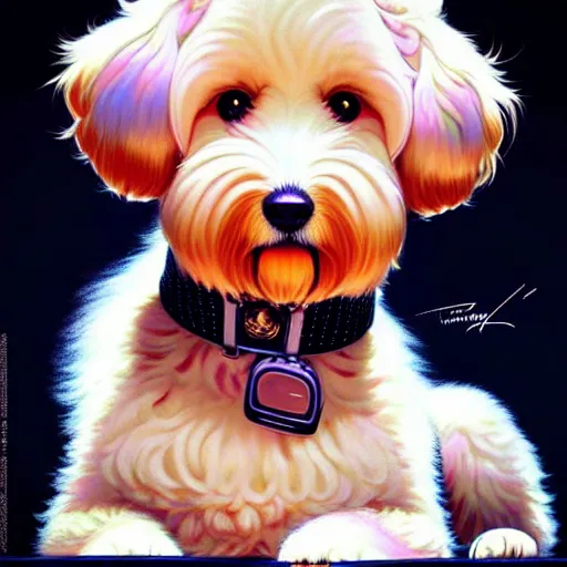 Image similar to a cute goldendoodle with tilted head and a fluffy grey cat, focus close on eyes, eighties holographic art by ilya kuvshinov monet range murata artgerm katsuhiro otomo norman rockwell, highly detailed intricately sharp focus, trending on pinterest vogue italia unreal engine