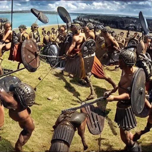 Image similar to gopro footage of the roman invasion of britain. 4 k, high quality, highly detailed