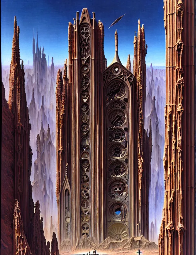 Image similar to close shot of a giant immense tomb gothic architecture advanced technology scifi architectural structure desert planet, fantasy, elevator, side ramp entrance, ambulance, smoke, dead bodies, guards intricate, painting by lucian freud and mark brooks, bruce pennington,