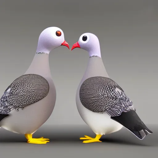 Prompt: pigeon couple drinking a cup of coffee on dark background, 3d render by Pixar, raytracing