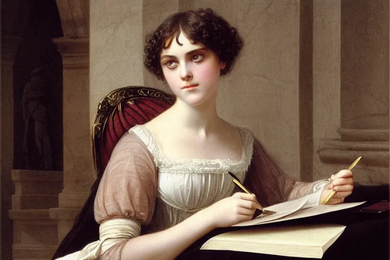 Image similar to 1 8 1 0 s annasophia robb writing a letter by vittorio reggianini, bright lighting, perfectly detailed eyes, beautiful hands, pale skin, clear face