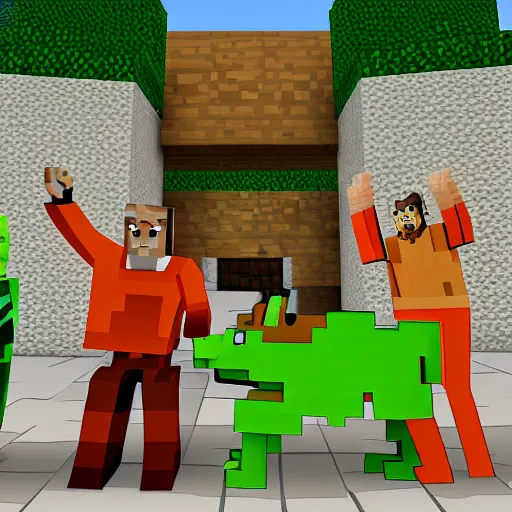 Image similar to scooby doo in minecraft with shrek fight, high detailed, artstation trend