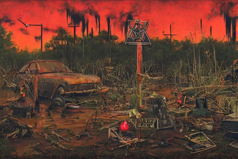 Prompt: scene from louisiana swamps, portrait, voodoo cult, old protestant church with neon satanic pentagram, junkyard by the road, boy scout troop, voodoo artwork by tim eitel