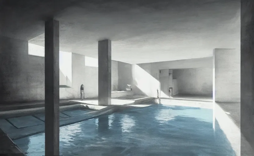 Image similar to painting of interior shot of a white concerete brutalist house with big pools by darek zabrocki and greg ruthkowski, cinematic and cold atmospheric, archillect concept art, artstation, trending on artstation