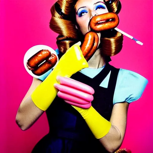 Image similar to a portrait of a beautiful fashion model that is curling her hair using hot dogs. surreal photograph, toiletpaper magazine, 3 5 mm photograph, colourful, by pierpaolo ferrari, maurizio cattelan