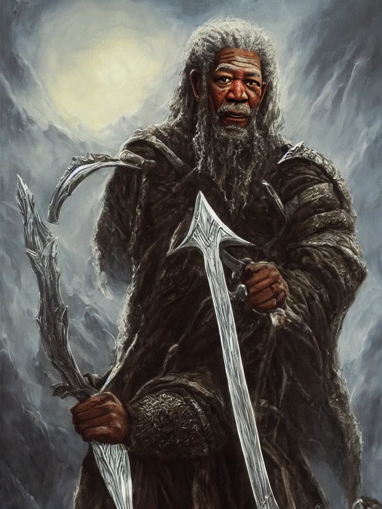 Prompt: morgan freeman starring as gimli in lord of the rings, full body, epic dark fantasy horror stylized oil painting by ivan shiskin. trending on artstation