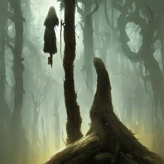 Prompt: a painting of a walking tree looking down at a smaller human by greg rutkowski, dark fantasy art, high detail, trending on artstation
