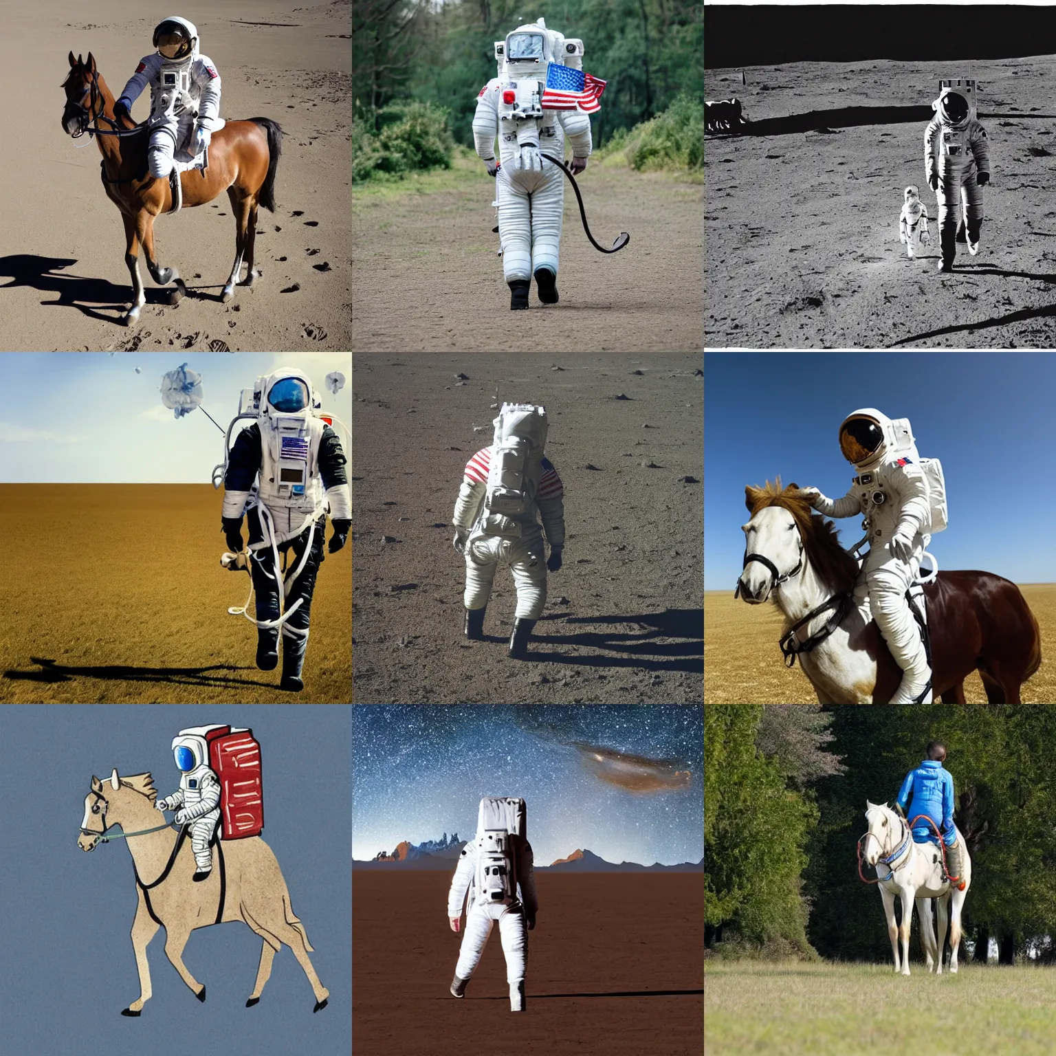 Prompt: astronaut walking with horse on his back