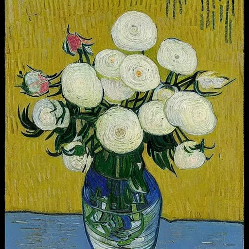 Image similar to atmospheric beautiful bouquet of white delicate pionoid rose in the sunny room of his beloved wife, wrote van gogh