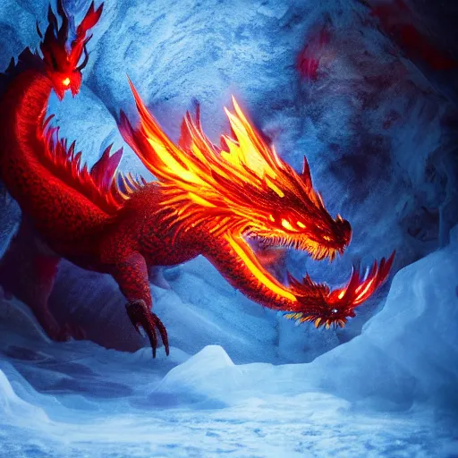 Image similar to a mysterious fire dragon in a ice cave, hyperrealistic, photorealistic, 4k, trending on artstation