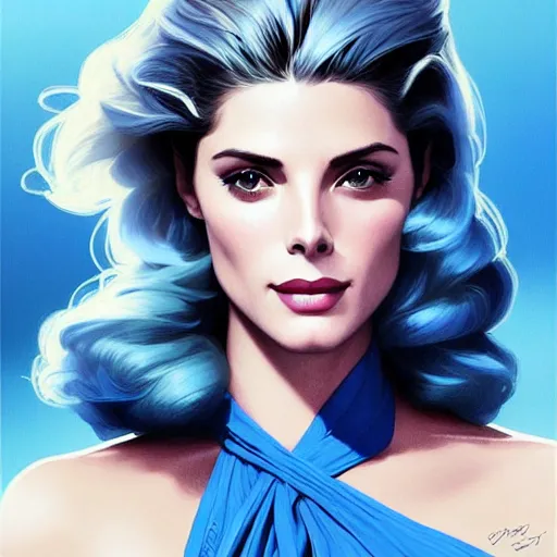 Image similar to Ashley Greene's face combined with Grace Kelly's face with blue hair wearing power armor, western, D&D, fantasy, intricate, elegant, highly detailed, digital painting, artstation, concept art, matte, sharp focus, illustration, art by Artgerm and Greg Rutkowski and Alphonse Mucha