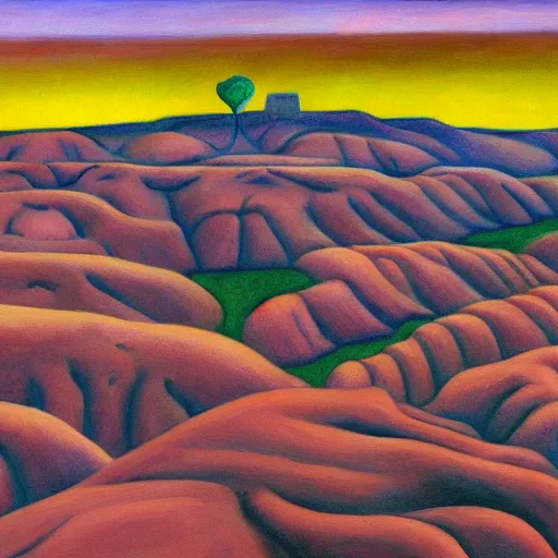 Image similar to badlands made of cupcake icing, grant wood, pj crook, edward hopper, oil on canvas