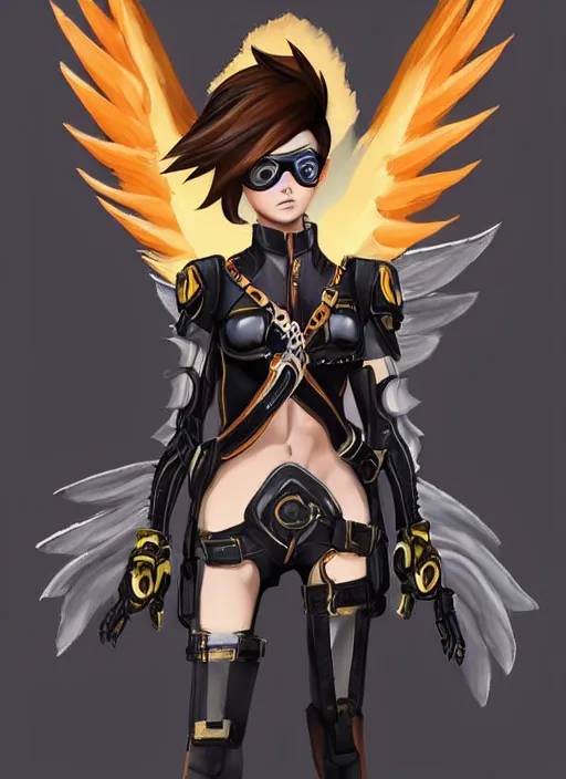 Image similar to full body artwork of tracer overwatch wearing leather collar, angel wings, dramatic painting, symmetrical composition, wearing detailed leather collar, black shiny armor, chains, black harness, detailed face and eyes,