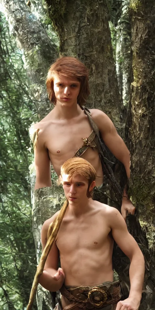 Image similar to an wood elf boy getting ready for an high fantasy adventure