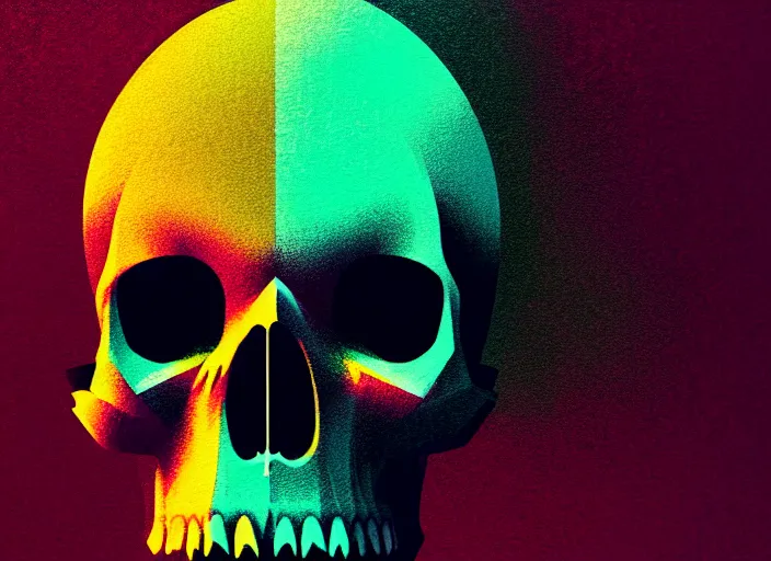 Prompt: portrait of a zombie skull, colorful, modern art deco, mads berg, karolis strautniekas, christopher balaskas, stippled light, fog, moody, fine texture, editorial illustration, dramatic lighting, dynamic composition, detailed, matte print, dynamic perspective, muted color