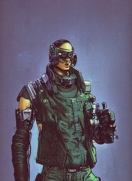 Image similar to menacing cyberpunk mercenary with robotic blade arms wearing a military vest and jumpsuit. dystopian. portrait by stonehouse and mœbius and will eisner and gil elvgren and pixar. realistic proportions. cyberpunk 2 0 7 7, apex, blade runner 2 0 4 9 concept art. cel shading. attractive face. thick lines.