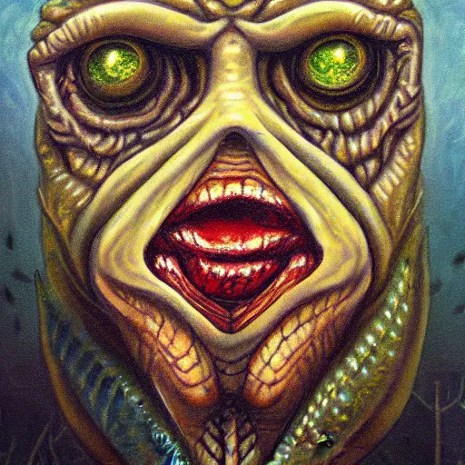 Image similar to fish person portrait, deep one, love craftian, innsmouth, painting, Eerie