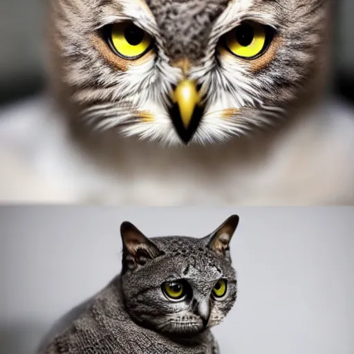 Image similar to owl and cat hybrid that has wings and body of an owl and head of a cat