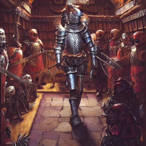 Prompt: knight bones armor, anthropomorphic shiba inu, in tavern, surrounded by knights, stuning 3 d render, masterpiece, glowing aura, by donato giancola and greg rutkowski and wayne barlow and zdzisław beksinski, realistic face