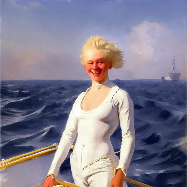 Image similar to painting of a muscular albino female sailor woman with broad shoulders, flowing white hair, and a confident smile, naval uniform, on a boat at sea. painting by john singer sargent and ivan aivazovsky, 4 k hd artstation