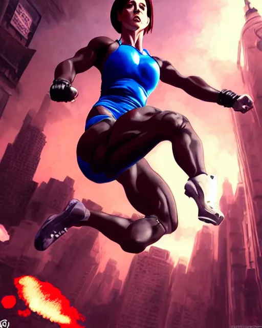 Image similar to gigachad jill valentine bodybuilder jumping in front of a atomic blast fighting wearing a suit in the fight club city, fantasy character portrait, ultra realistic, anime key visual, full body concept art, intricate details, highly detailed by greg rutkowski, ilya kuvshinov, gaston bussiere, craig mullins, simon bisley