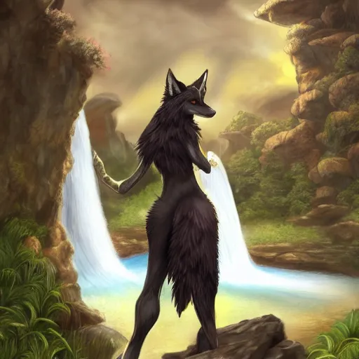 Prompt: fantasy art of a noble werefox standing in front of a waterfall, photorealistic, Hibbary, Dark Natasha, Goldenwolf, FurAffinity