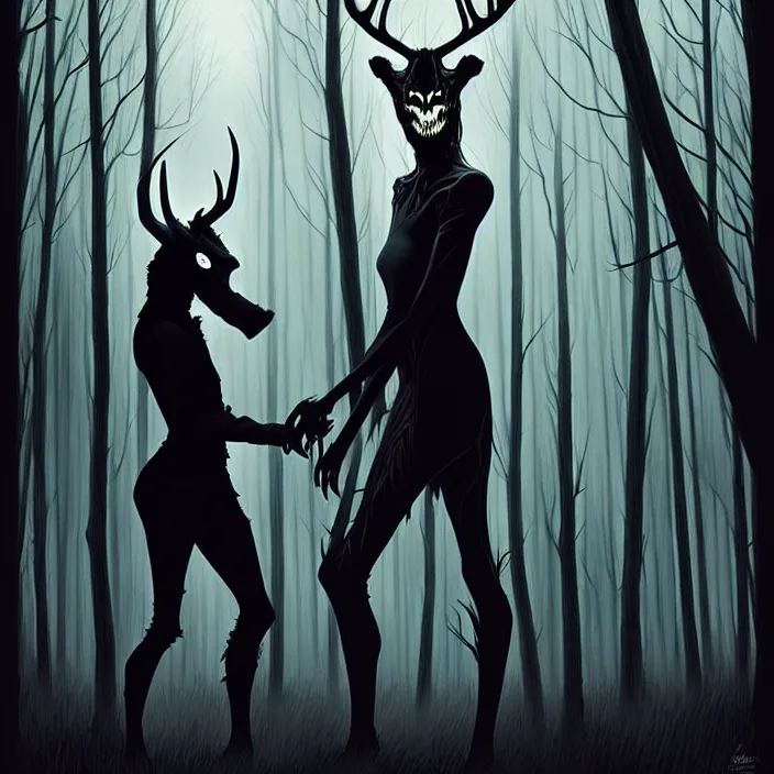 Image similar to style artgerm, joshua middleton, artgerm, rafael albuquerque : : scary wendigo with antlers and skull face mixed with werewolf : : [ [ beautiful witch wearing a black dress, symmetrical face, on the right side ] ] : : in the forest, detailed, dark and foggy, cinematic lighting