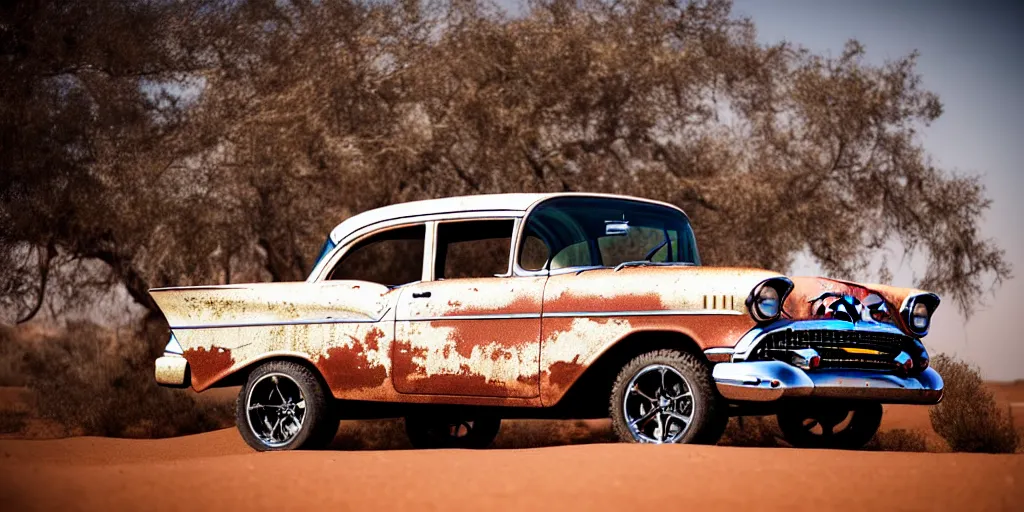 Prompt: rusty 1957 Chevrolet Bel Air, off-road, lifted, 4x4, K10, trophy truck, cinematic, Maxxis, 8k, depth of field, mexican desert, bokeh, DAKAR.