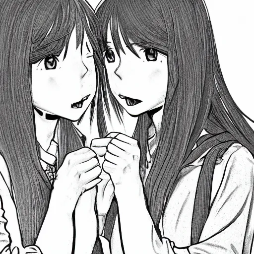 Image similar to portrait of two girls kissing, detailed manga art