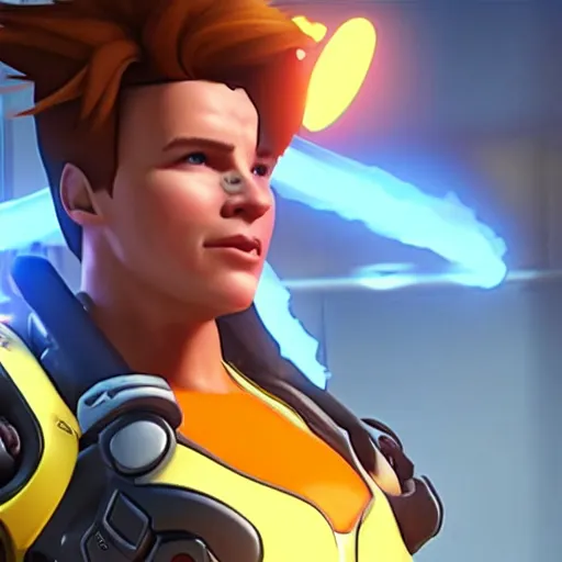 Prompt: a screenshot of arnold schwarzenegger as tracer in overwatch